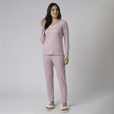 Pijama Feminino Longo Cashmere Rosa com Renda