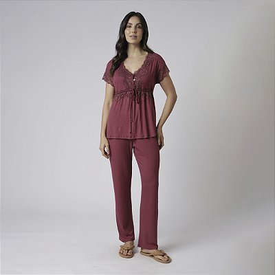 Pijama Feminino Gestante Manga Curta Bordô