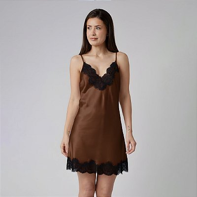 Camisola Curta de Alça Choco com Renda