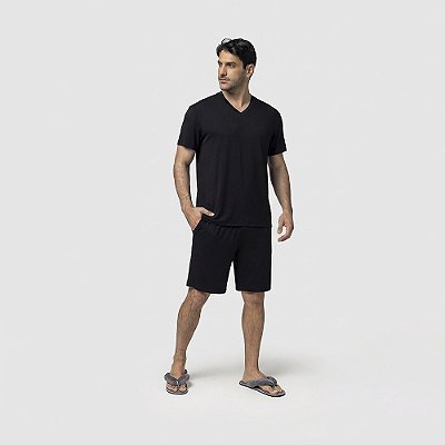 Pijama Masculino Curto Preto com Bolso
