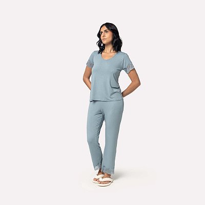 Pijama Feminino Capri Azul Delave com Renda