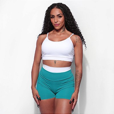 Shorts Fitness Ploc! verde jade cós duplo branco em poliamida