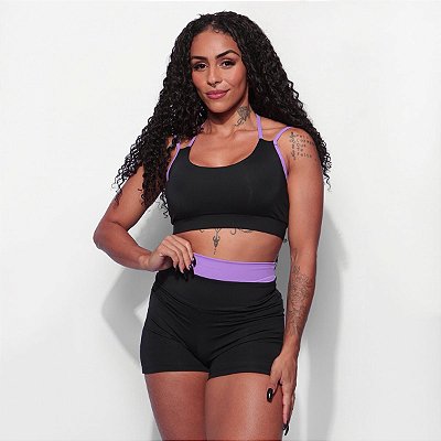 Shorts  Fitness Ploc! preto cós duplo lilás em poliamida