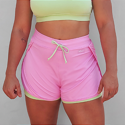 Short Fitness Run Transpassado Rosa Sorvete em Poliamida Duplo