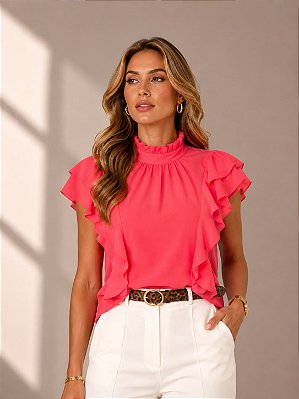 BLUSA GOLA ALTA COM JABOTS
