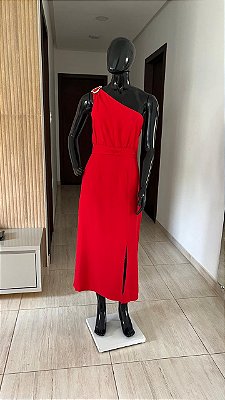 VESTIDO MIDI NULA MANGA COM FIVELA DOURADA - VERMELHO