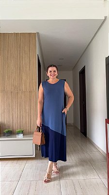 VESTIDO LONGUETE MALHA BICOLOR AZUL