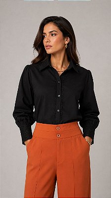 Camisa Feminina Punho Guipir Preta