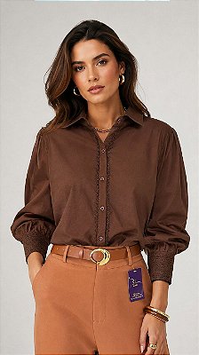 Camisa Feminina Punho Guipir Preta