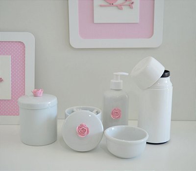 Kit Higiene Laço Porcelana Decora Bebê Térmica Rosa Bancada Decoração