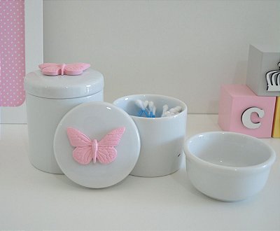 Kit Higiene Porcelana Bebê Maternidade Bancada + Potes Porcelana