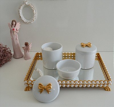 Kit Higiene Bebê Porcelana Maternidade + Potes + Bandeja Pérola