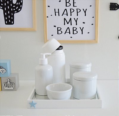 Kit Higiene Porcelana Bebê Maternidade + Bandeja + Potes Porcelana + Garrafa térmica 250ml