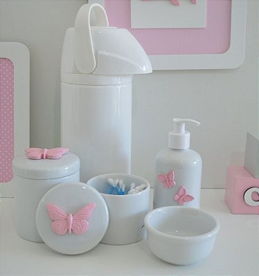 Kit Higiene Rosa Color Bebê Porcelana Potes Gel Térmica