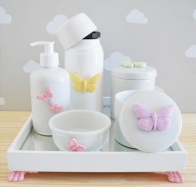 Kit Higiene Bebe Porcelana Borboletas Jardim + Térmica 250ml