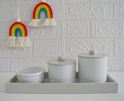 Kit Higiene Bebê Porcelana Tampa Bandeja Mdf Cinza Bancada