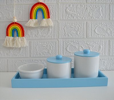 Kit Higiene Porcelana Bebê Maternidade + Bandeja - AZUL