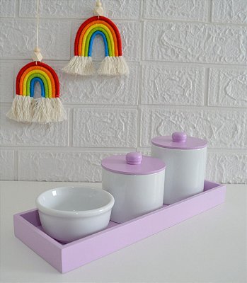 Kit Higiene Bebê Porcelana Tampa Bandeja Mdf Lilás Bancada