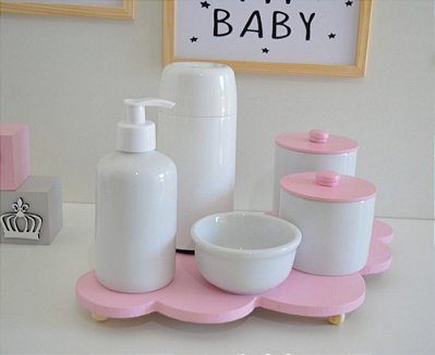 Kit Higiene Porcelana Bebê K085 Bandeja Nuvem Cinza 6pçs