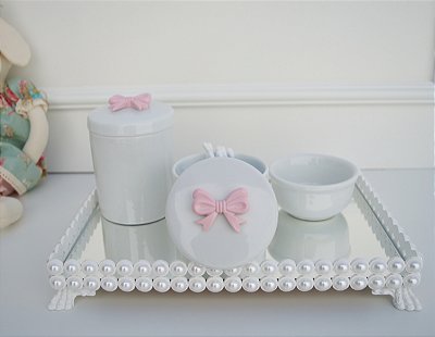 Kit Porcelana Higiene Rosa Bebe Bandeja Perola Promocional