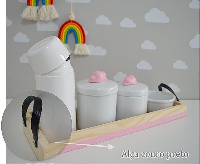 Kit Higiene Porcelana Bebê Maternidade Tema Nuvem - Alça de Couro