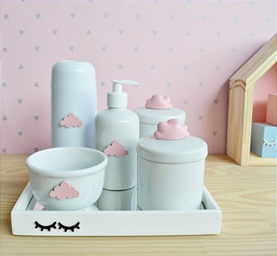 Kit Higiene Porcelana Nuvem Bebê Maternidade + Bandeja Cílios + Térmica 250ml