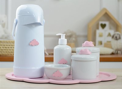 Kit Higiene Bandeja Nuvem Rosa Térmica 500ml Potes Gel Bebê