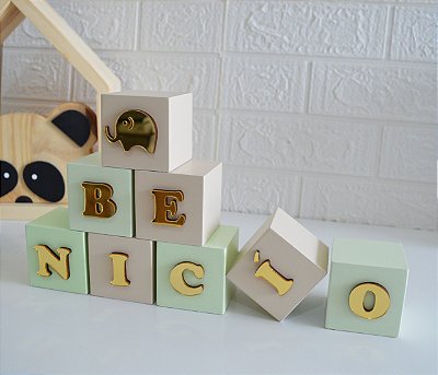 Kit 11 Cubos Decorativo Nome Bebê Bancada Prateleira Letra Dourado
