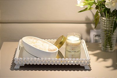 Bandeja Espelho Pérola Decora Elegante Fina Bar B088 Branco