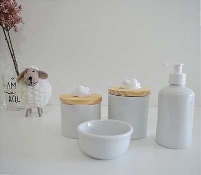 Kit Higiene Porcelana Bebê K154 Tampa Pinus Nuvem Branca