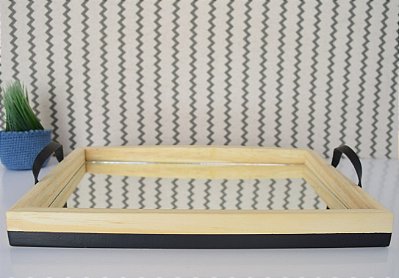 Bandeja Decoração Montessoriano Faixa Preta Moderna Pinus Espelho Alça Couro - B116