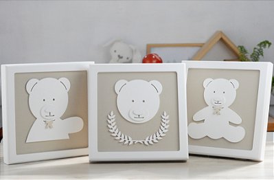 Kit 03 Quadros Enfeite Urso Menino Trio Quarto Bebê Decoração Parede