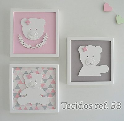 Kit 03 Quadros Enfeite Ursa Menina Trio Quarto Bebê Decoração Parede