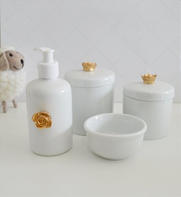 Kit Higiene Porcelana Bebê Maternidade Decoração Bancada Infantil - Dourado