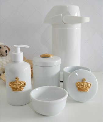 Kit Higiene Porcelana Bebê Maternidade Bancada Dourado Temas Baby Decoração + Garrafa Térmica 500ml