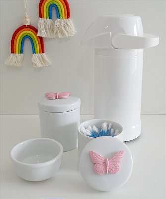 Kit Higiene Porcelana Bebê Maternidade Decoração Bancada Meninas Temas + Garrafa Térmica 500ml