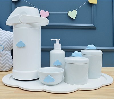 Kit Porcelanas Bebê Bandeja Nuvem Térmica 500ml Potes Higiene