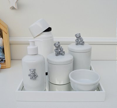 Kit Higiene Porcelana Bebê Térmica Bandeja Banho Ursa