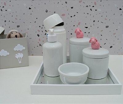 Kit Higiene Porcelana Bebê Térmica Bandeja Banho Ovelha