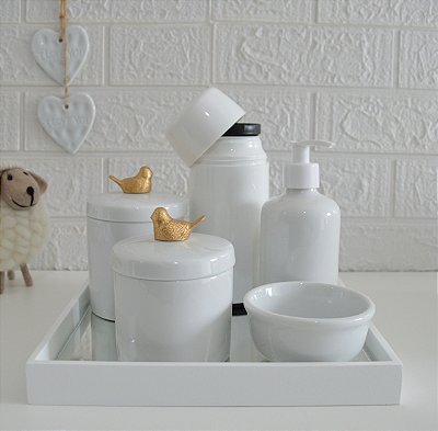 Kit Higiene Porcelana Bebê Térmica Bandeja Pássaro