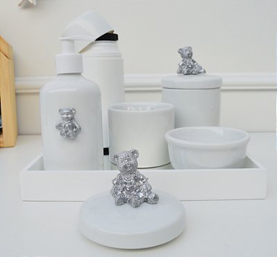 Kit Higiene Porcelana Bebê Térmica Potes Bandeja Banho Urso