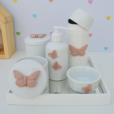 Kit Higiene Porcelana Bebê Térmica Bandeja Borboleta