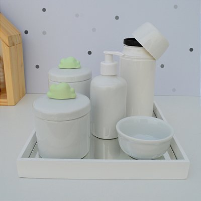 Kit Higiene Porcelana Bebê Térmica Bandeja Nuvem