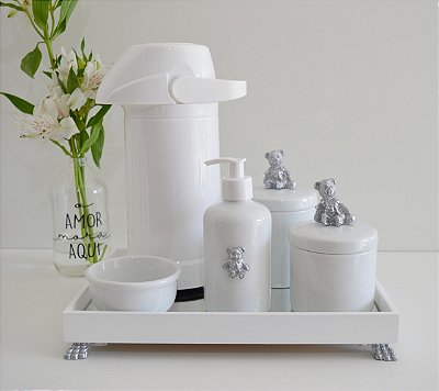 Kit Higiene Bebê Porcelana Térmica Bandeja Banho Urso