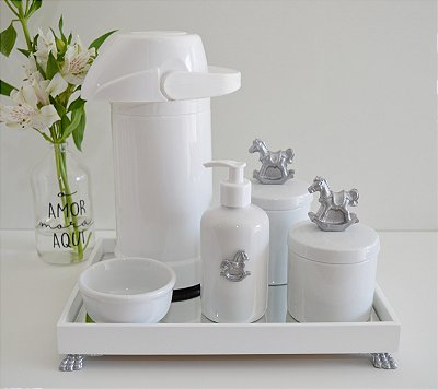 Kit Higiene Bebê Porcelana Térmica Bandeja Banho Cavalo