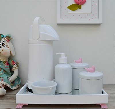 Kit Higiene Bebê Porcelana Térmica Bandeja Pássaro