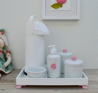Kit Higiene Bebê Porcelana Térmica Bandeja Banho Flor
