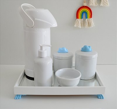 Kit Higiene Bebê Porcelana Térmica Bandeja Banho Nuvem