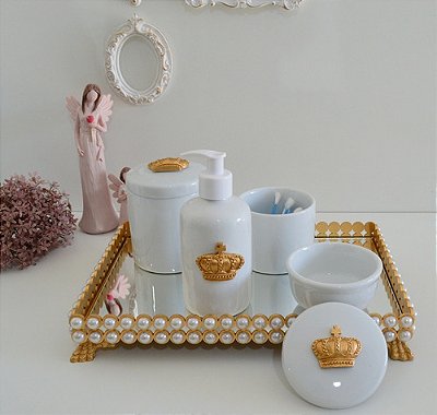 Kit Higiene Porcelana Bebe Pote Gel Bandeja Perola Cotonete