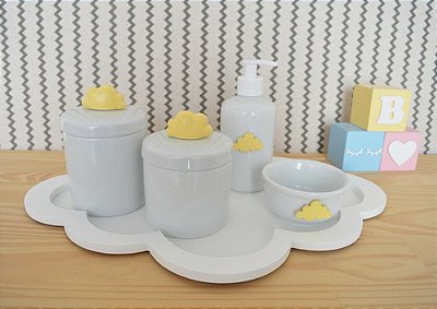 Kit Higiene Bandeja Nuvem Porcelana Rosa Azul Cinza Verde